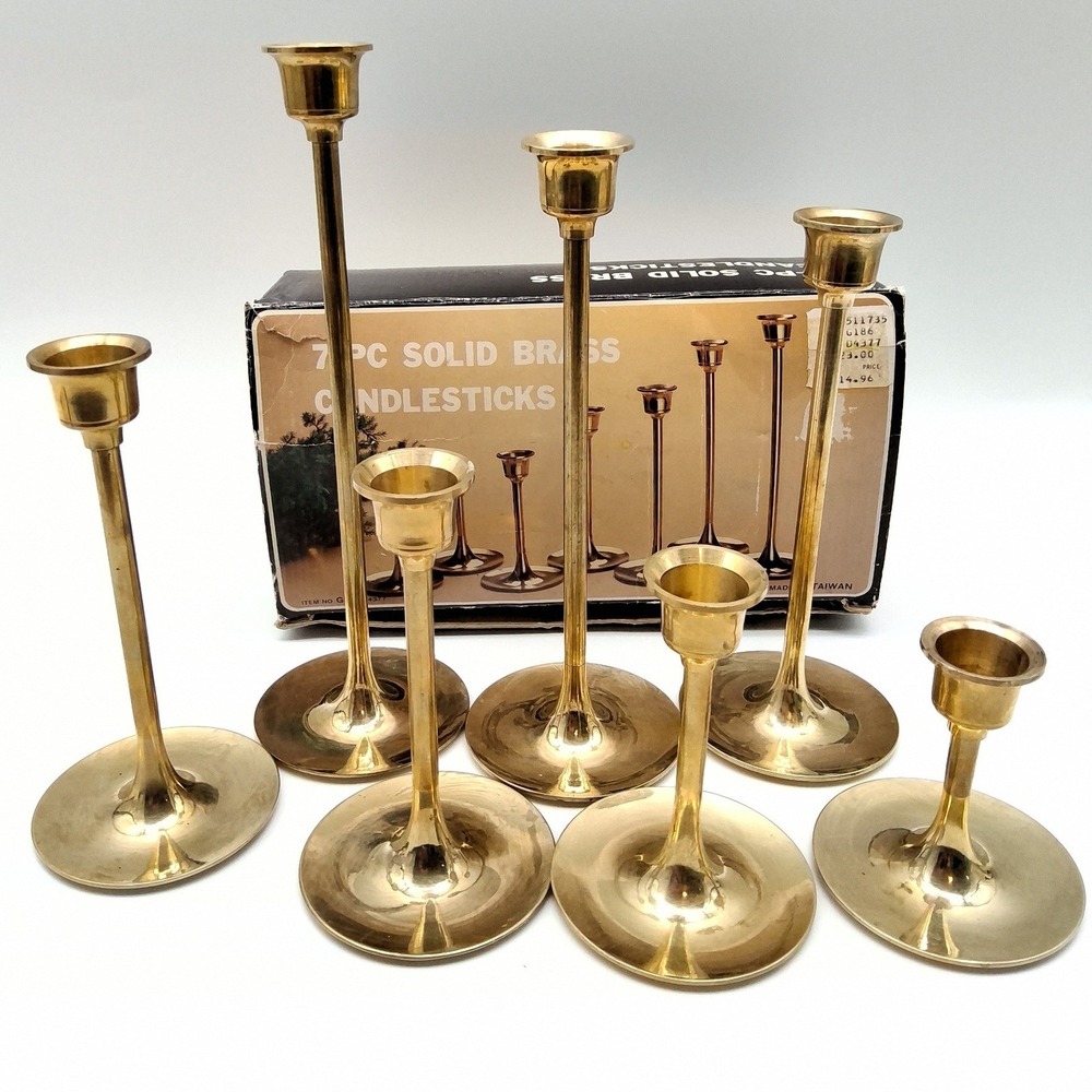 Vintage 7 pc. Set Of Graduated Solid Brass Candlestick Holders 3"-9" OriginalBox